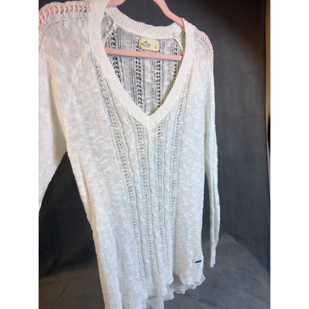 Vtg Y2K Hollister Open Knit Cable White Slim Fit Sweater Top Deep V sz L - Picture 3 of 16